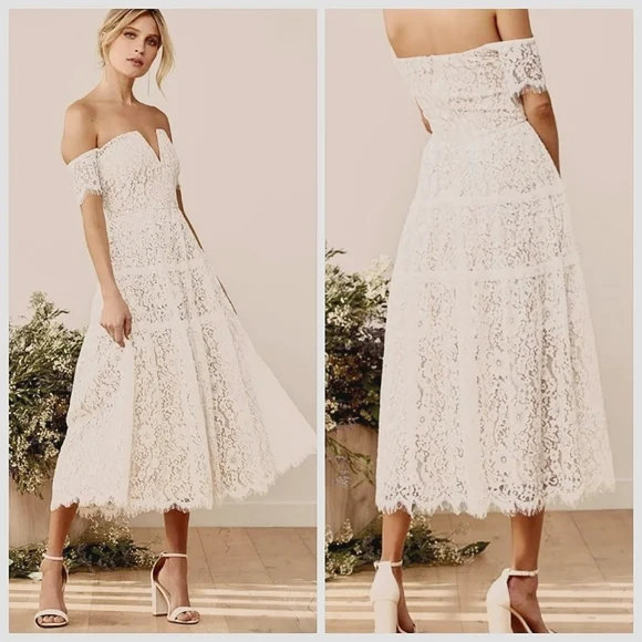 White Lace Off-the-Shoulder Midi Dress | Womens | X-Small | 100% Polyester | Lulus
